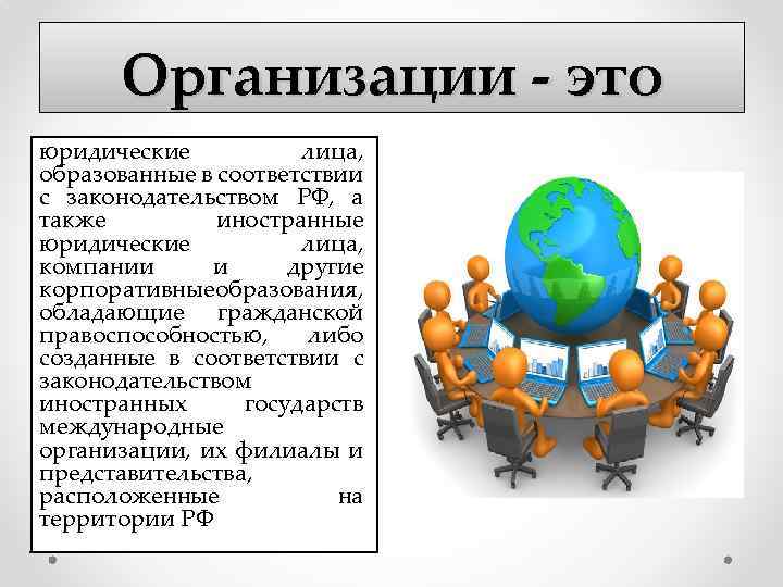 Организации - это юридические лица, образованные в соответствии с законодательством РФ, а также иностранные