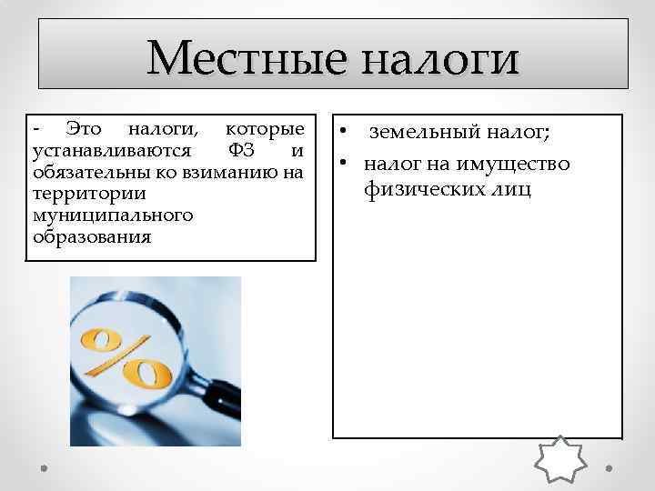 Местные налоги - Это налоги, которые устанавливаются ФЗ и обязательны ко взиманию на территории