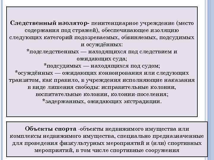 Следственный изолятор- пенитенциарное учреждение (место содержания под стражей), обеспечивающее изоляцию следующих категорий подозреваемых, обвиняемых,