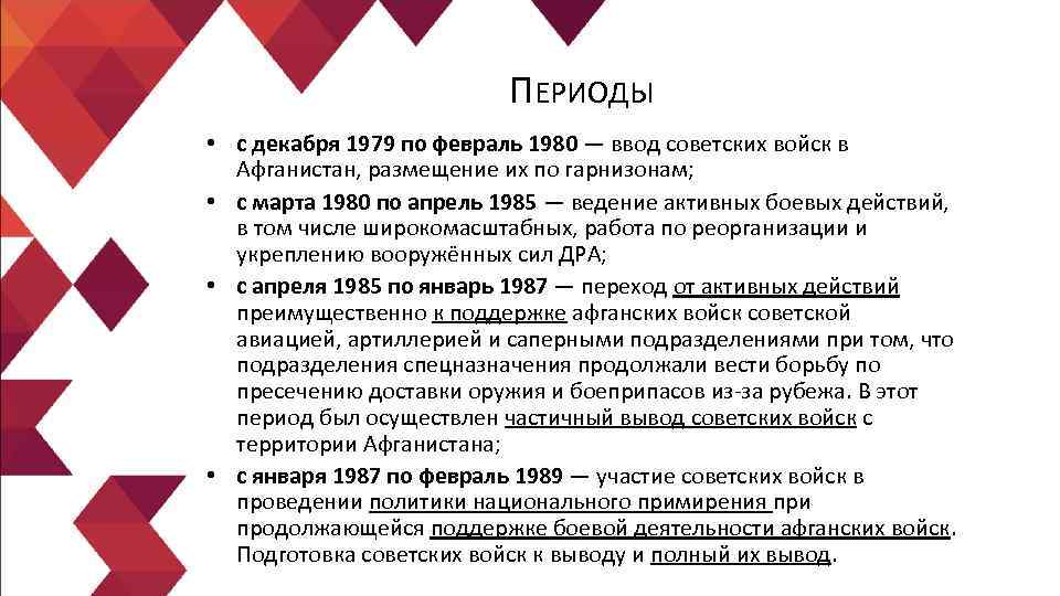 ПЕРИОДЫ • с декабря 1979 по февраль 1980 — ввод советских войск в Афганистан,