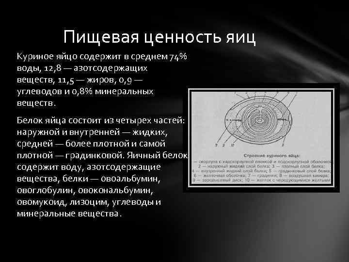 Пищевая ценность яиц Куриное яйцо содержит в среднем 74% воды, 12, 8 — азотсодержащих