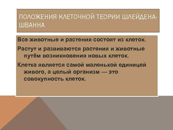 ПОЛОЖЕНИЯ КЛЕТОЧНОЙ ТЕОРИИ ШЛЕЙДЕНАШВАННА Все животные и растения состоят из клеток. Растут и развиваются