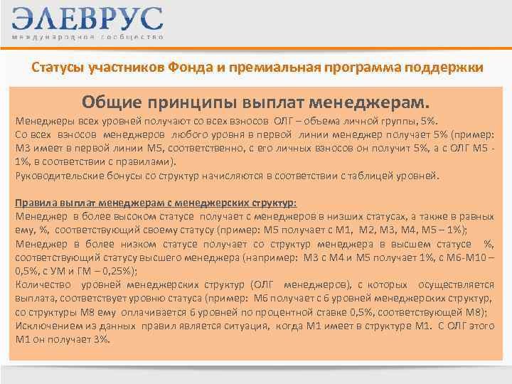 Статусы участников Фонда и премиальная программа поддержки Общие принципы выплат менеджерам. Менеджеры всех уровней