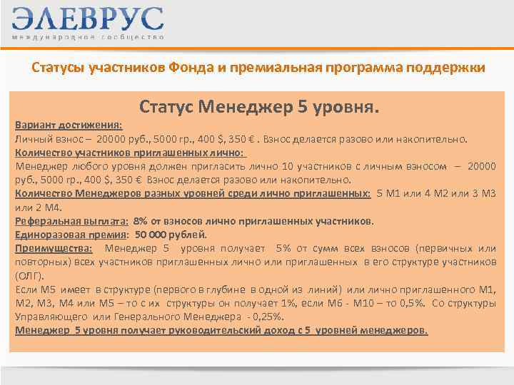 Статусы участников Фонда и премиальная программа поддержки Статус Менеджер 5 уровня. Вариант достижения: Личный