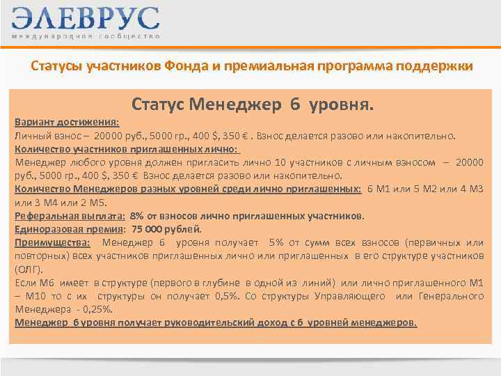 Статусы участников Фонда и премиальная программа поддержки Статус Менеджер 6 уровня. Вариант достижения: Личный
