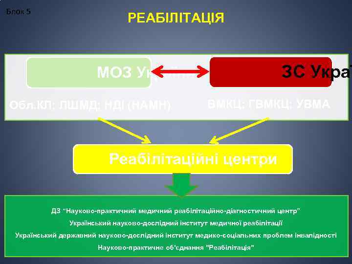 Блок 5 РЕАБІЛІТАЦІЯ ЗС Украї МОЗ України Обл. КЛ; ЛШМД; НДІ (НАМН) ВМКЦ; ГВМКЦ;