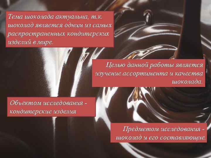 Тема шоколада актуальна, т. к. шоколад является одним из самых распространенных кондитерских изделий в