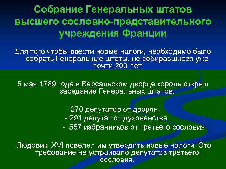 Собрание Генеральных штатов высшего сословно-представительного учреждения Франции Для того чтобы ввести новые налоги, необходимо