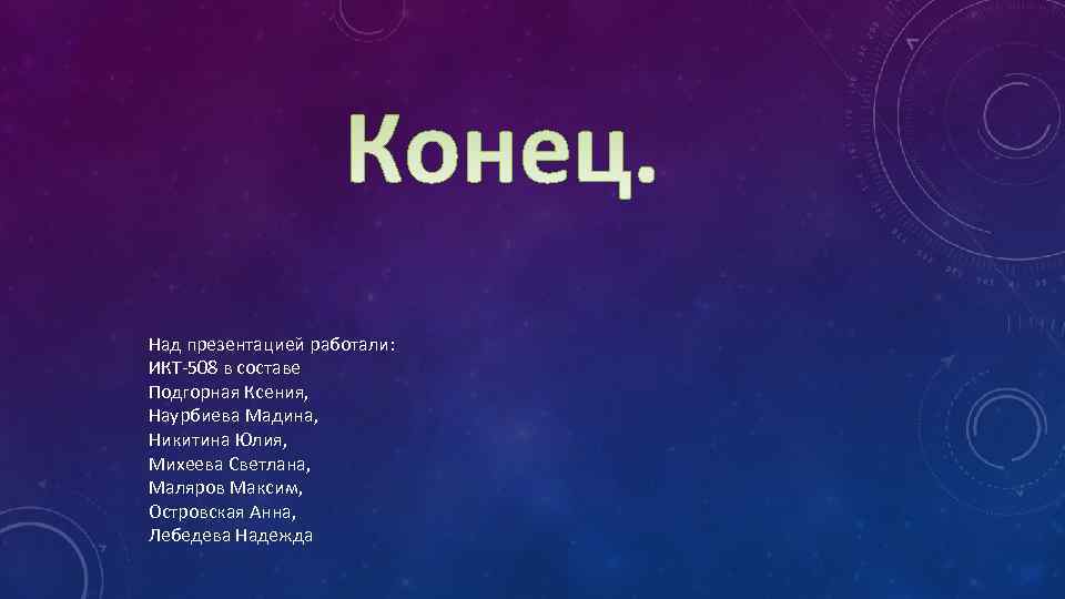 Над презентацией работали: ИКТ-508 в составе Подгорная Ксения, Наурбиева Мадина, Никитина Юлия, Михеева Светлана,