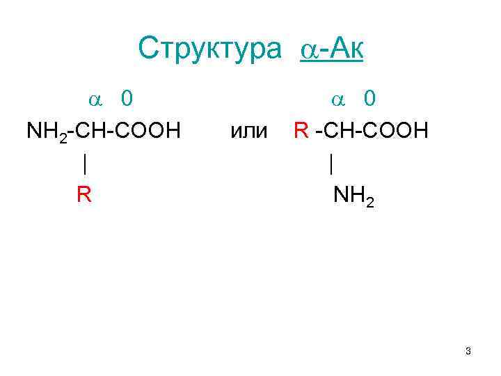 Структура -Ак 0 NH 2 -CH-COOH или R -CH-COOH | R NH 2 3