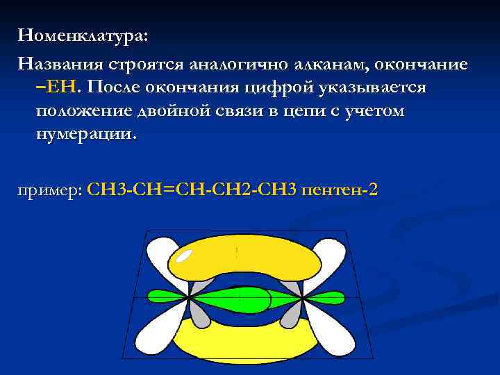 Номенклатура: Названия строятся аналогично алканам, окончание –ЕН. После окончания цифрой указывается положение двойной связи