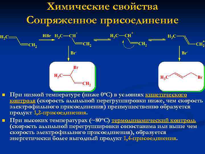 Химические свойства Сопряженное присоединение n n При низкой температуре (ниже 0 о. С) в
