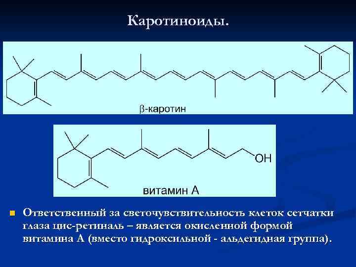 Каротиноиды. n Ответственный за светочувствительность клеток сетчатки глаза цис-ретиналь – является окисленной формой витамина