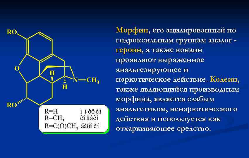 Морфин, его ацилированный по гидроксильным группам аналог героин, а также кокаин проявляют выраженное анальгезирующее