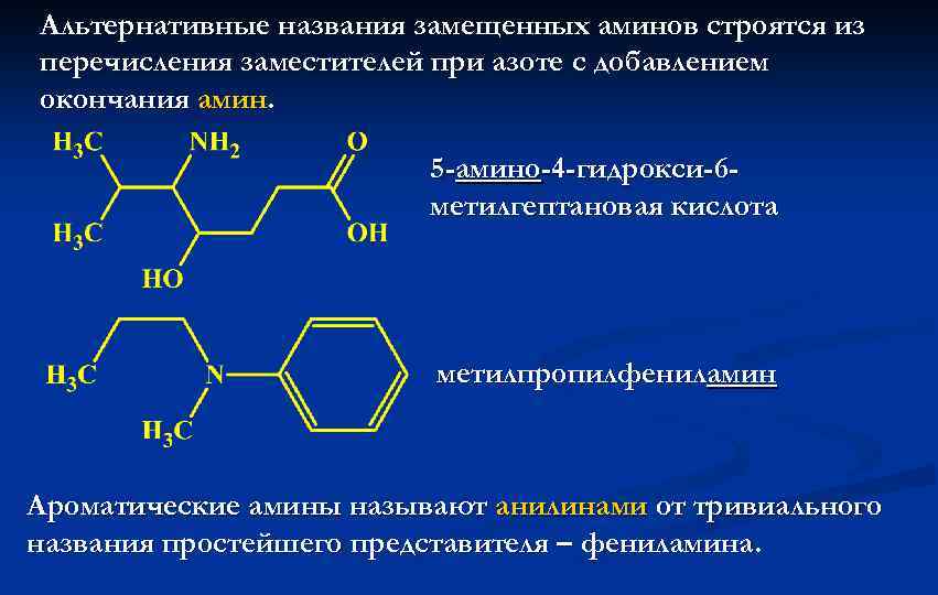 Альтернативные названия замещенных аминов строятся из перечисления заместителей при азоте с добавлением окончания амин.
