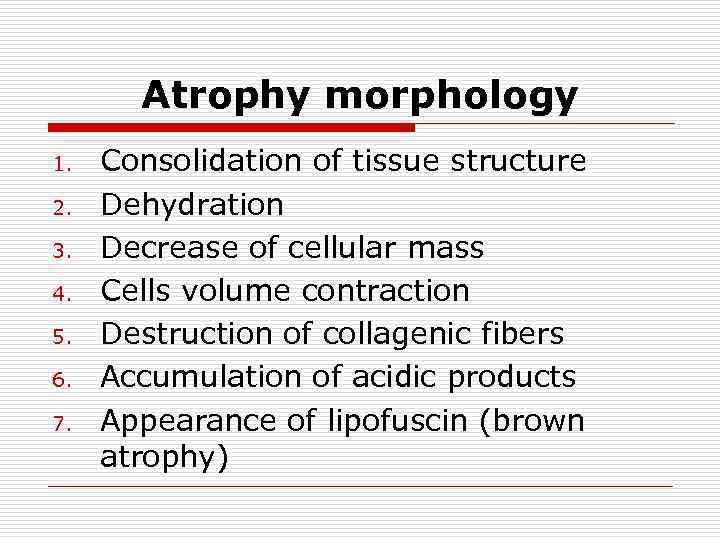 Atrophy morphology 1. 2. 3. 4. 5. 6. 7. Consolidation of tissue structure Dehydration