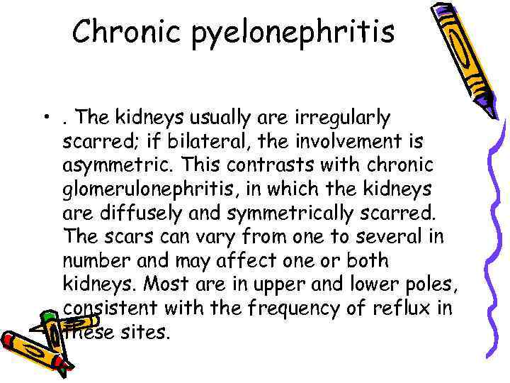 Chronic pyelonephritis • . The kidneys usually are irregularly scarred; if bilateral, the involvement