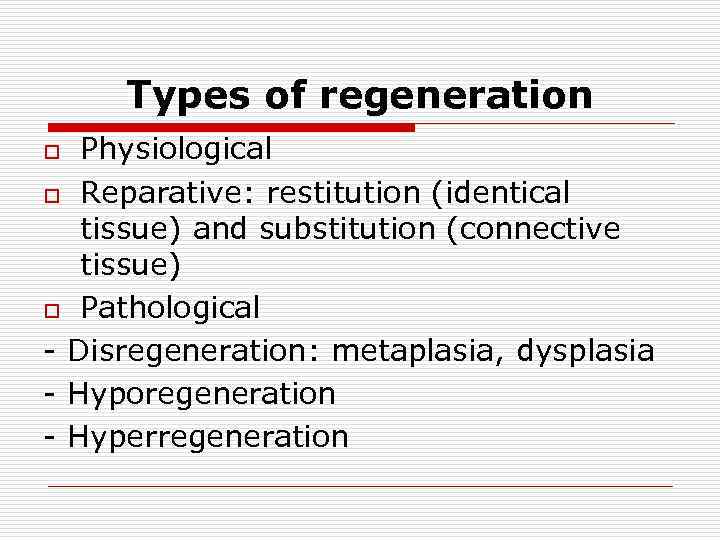 Types of regeneration Physiological o Reparative: restitution (identical tissue) and substitution (connective tissue) o