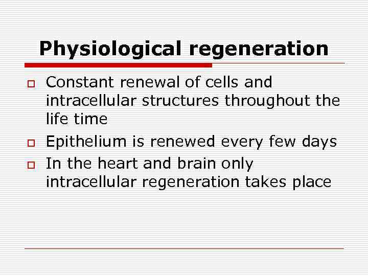 Physiological regeneration o o o Constant renewal of cells and intracellular structures throughout the