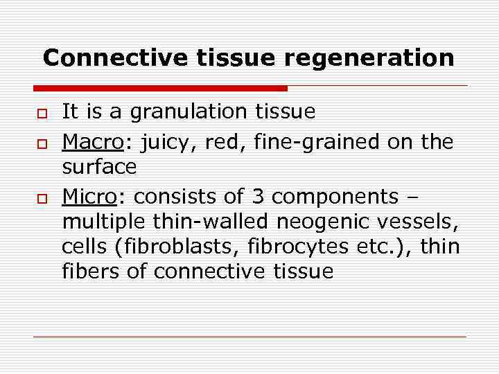 Connective tissue regeneration o o o It is a granulation tissue Маcrо: juicy, red,