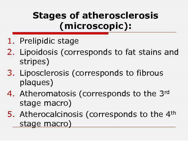 Stages of atherosclerosis (microscopic): 1. Prelipidic stage 2. Lipoidosis (corresponds to fat stains and