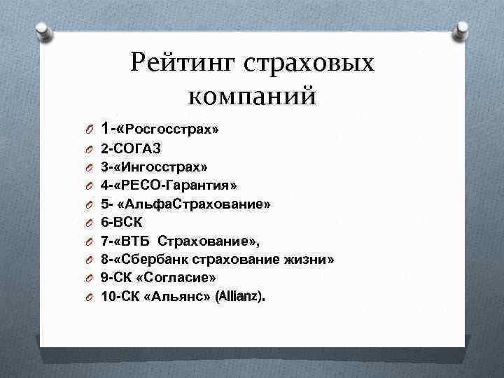 Рейтинг страховых компаний O 1 - «Росгосстрах» O 2 -СОГАЗ O 3 - «Ингосстрах»