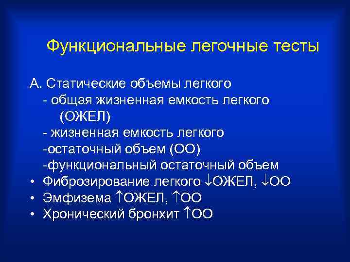 Функциональные легочные тесты А. Статические объемы легкого - общая жизненная емкость легкого (ОЖЕЛ) -