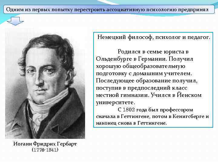 Одним из первых попытку перестроить ассоциативную психологию предпринял Немецкий философ, психолог и педагог. Родился