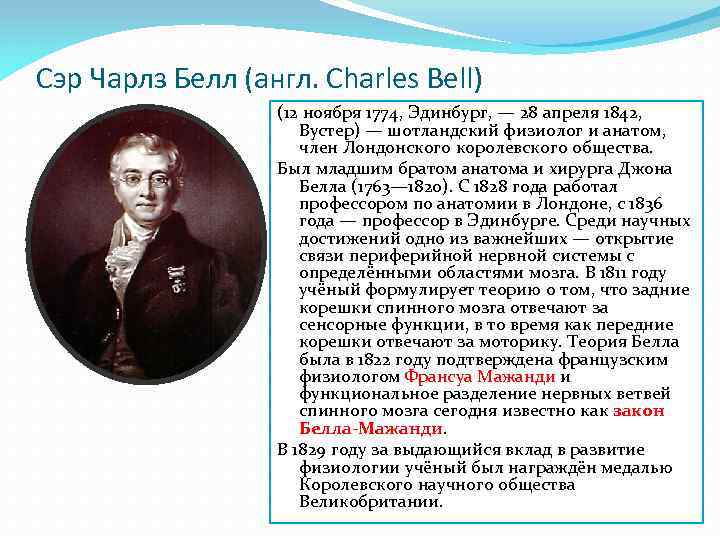 Сэр Чарлз Белл (англ. Charles Bell) (12 ноября 1774, Эдинбург, — 28 апреля 1842,