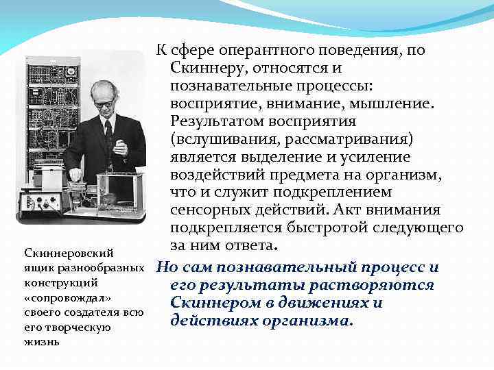 Скиннеровский ящик разнообразных конструкций «сопровождал» своего создателя всю его творческую жизнь К сфере оперантного