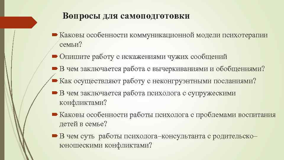 Вопросы для самоподготовки Каковы особенности коммуникационной модели психотерапии семьи? Опишите работу с искажениями чужих