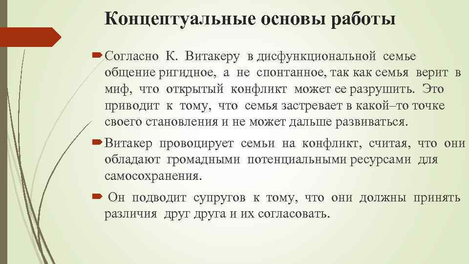 Концептуальные основы работы Согласно К. Витакеру в дисфункциональной семье общение ригидное, а не спонтанное,