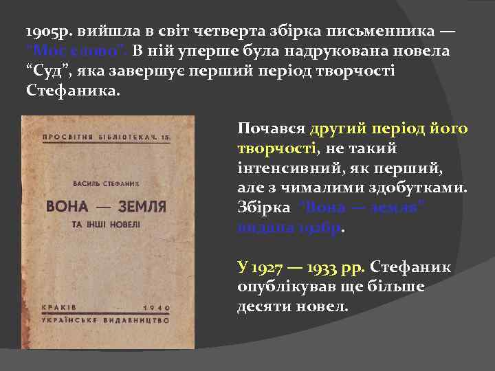 1905 р. вийшла в світ четверта збірка письменника — “Моє слово”. В ній уперше