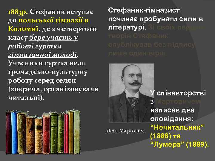 1883 р. Стефаник вступає до польської гімназії в Коломиї, де з четвертого класу бере