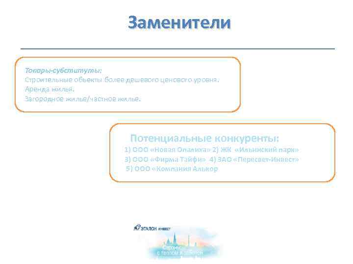  Заменители Товары-субституты: Строительные объекты более дешевого ценового уровня. Аренда жилья. Загородное жилье/частное жилье.