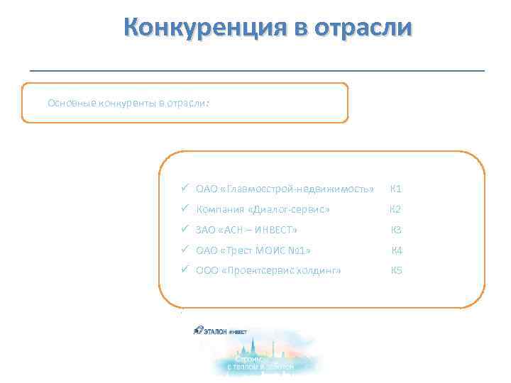 Конкуренция в отрасли Основные конкуренты в отрасли: ü ОАО «Главмосстрой-недвижимость» К 1 ü