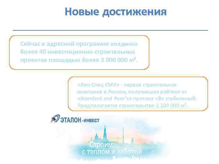 Новые достижения Сейчас в адресной программе холдинга более 40 инвестиционно-строительных проектов площадью более
