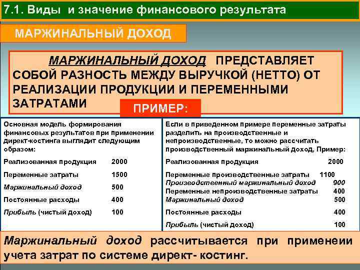 7. 1. Виды и значение финансового результата МАРЖИНАЛЬНЫЙ ДОХОД ПРЕДСТАВЛЯЕТ СОБОЙ РАЗНОСТЬ МЕЖДУ ВЫРУЧКОЙ