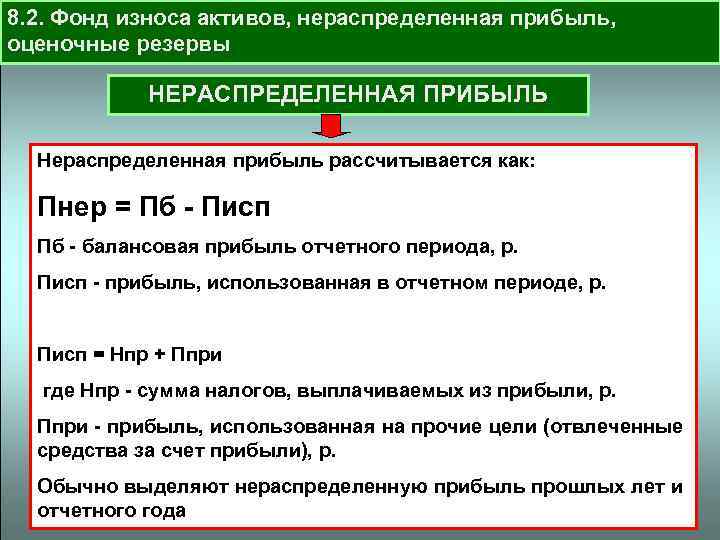 8. 2. Фонд износа активов, нераспределенная прибыль, оценочные резервы НЕРАСПРЕДЕЛЕННАЯ ПРИБЫЛЬ Нераспределенная прибыль рассчитывается