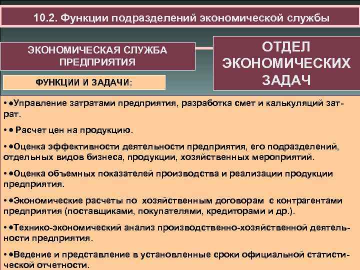 10. 2. Функции подразделений экономической службы ЭКОНОМИЧЕСКАЯ СЛУЖБА ПРЕДПРИЯТИЯ ФУНКЦИИ И ЗАДАЧИ: ОТДЕЛ ЭКОНОМИЧЕСКИХ