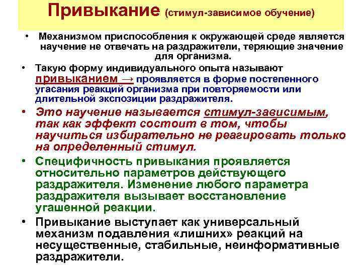 Привыкание (стимул-зависимое обучение) • Механизмом приспособления к окружающей среде является научение не отвечать на