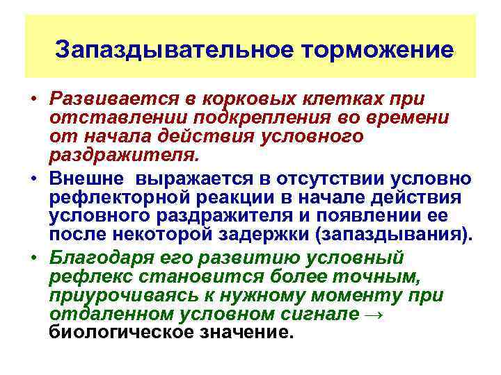 Запаздывательное торможение • Развивается в корковых клетках при отставлении подкрепления во времени от начала