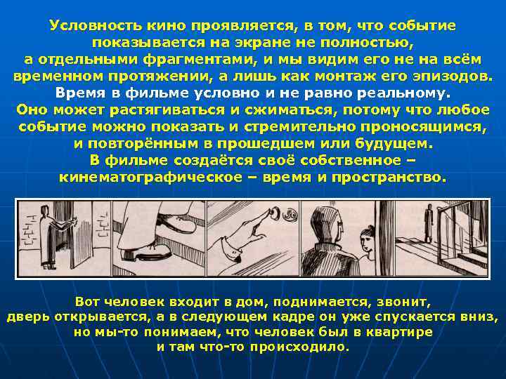 Условность кино проявляется, в том, что событие показывается на экране не полностью, а отдельными