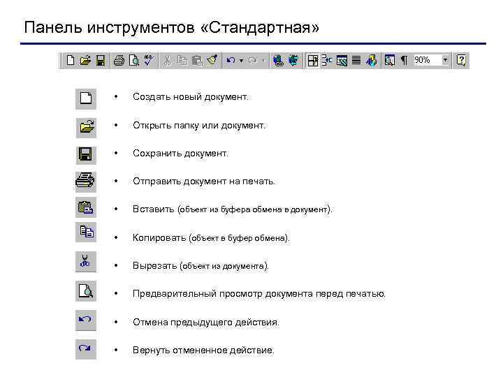 Панель инструментов «Стандартная» • Создать новый документ. • Открыть папку или документ. • Сохранить