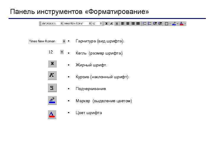 Панель инструментов «Форматирование» • Гарнитура (вид шрифта). • Кегль (размер шрифта). • Жирный шрифт.