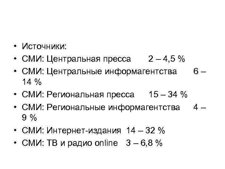  • Источники: • СМИ: Центральная пресса 2 – 4, 5 % • СМИ: