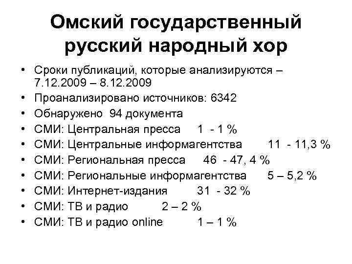 Омский государственный русский народный хор • Сроки публикаций, которые анализируются – 7. 12. 2009