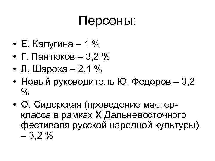 Персоны: • • Е. Калугина – 1 % Г. Пантюков – 3, 2 %