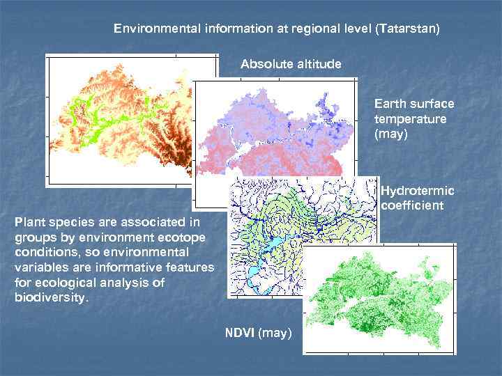 Environmental information at regional level (Tatarstan) Absolute altitude Earth surface temperature (may) Hydrotermic coefficient