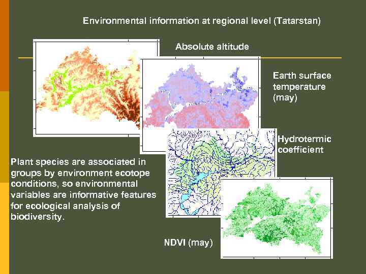 Environmental information at regional level (Tatarstan) Absolute altitude Earth surface temperature (may) Hydrotermic coefficient